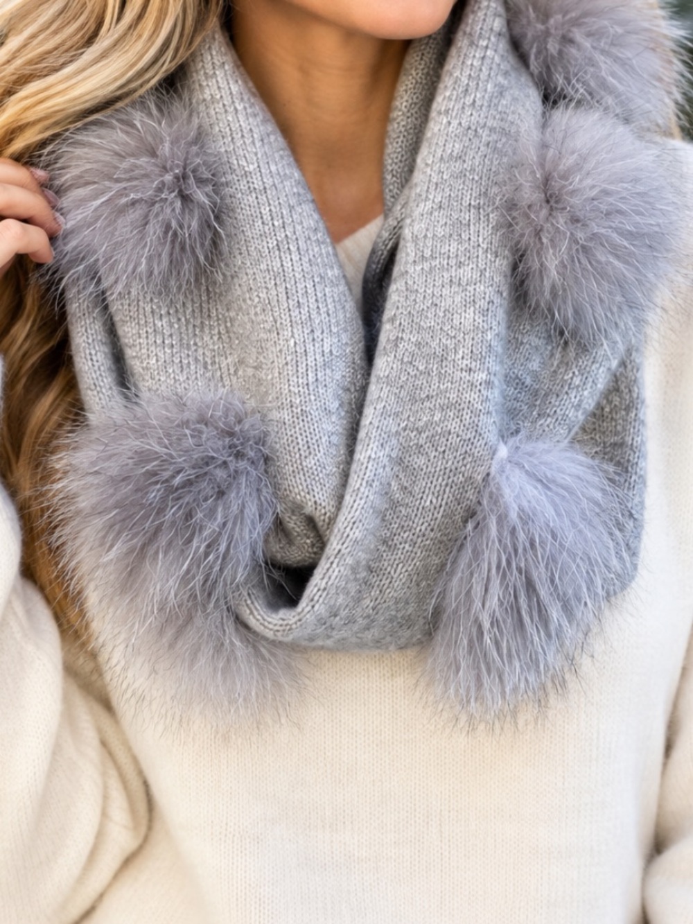 Mitchies Grey Silver 100% Wool Scarf w/ Real Canadian Blue Fox Fur Pom Poms